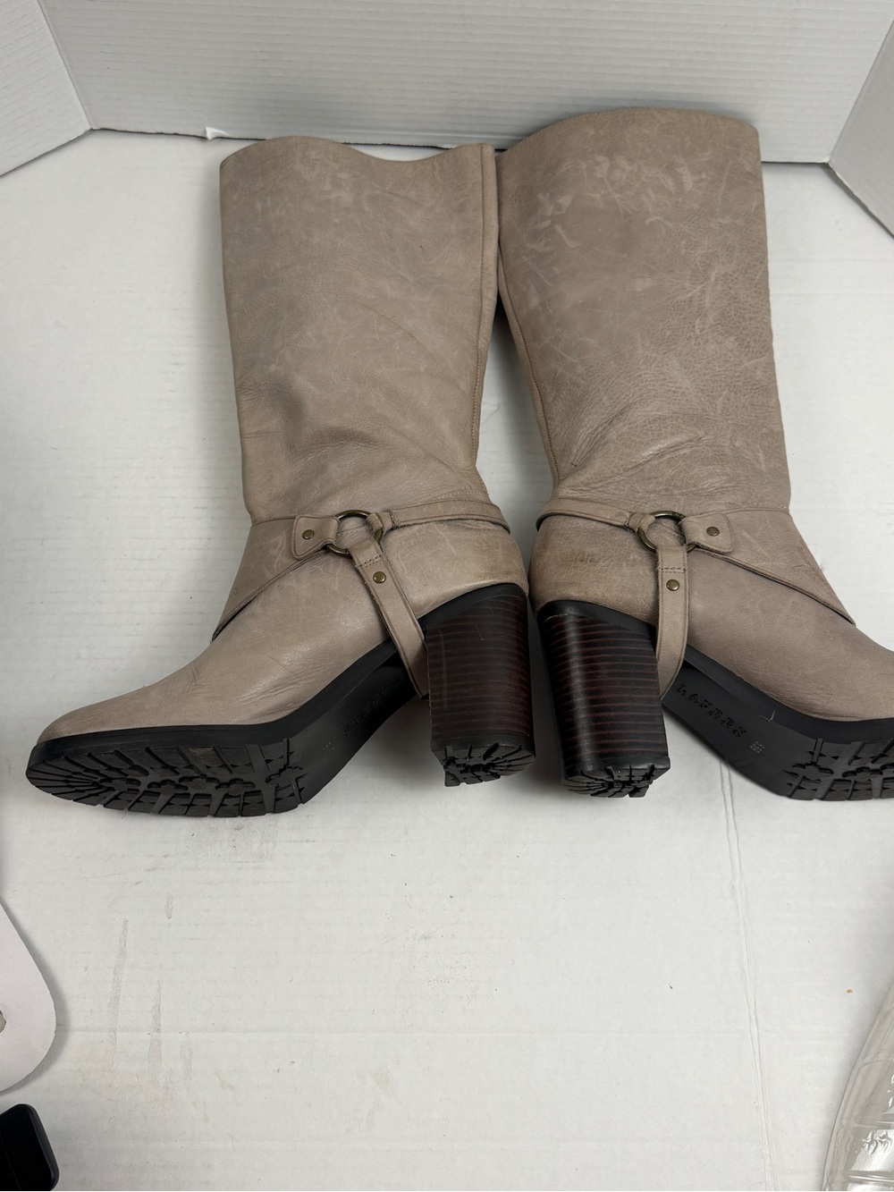 Lauren Ralph Lauren Delsa Taupe Gray Burnished Leather Riding Boots Size 8,5 - Picture 13 of 14